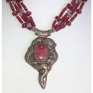 Tibetan Ruby Gemstones 4 Strand in Sterling & Other Silver Metals Necklace